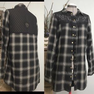 Longline Black and Gray Plaid and Lace Shirt